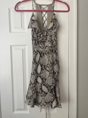 Snake Print Mini Dress with Lace-Up Back - Beige/Black